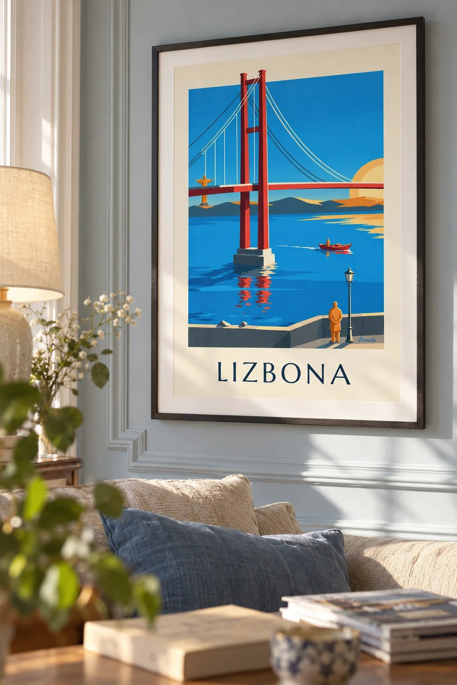Plakat Most 25 Kwietnia nad Tagiem w Lizbonie: w ramie na ścianie