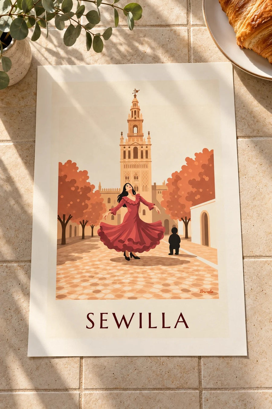 Plakat tancerka flamenco przed Giraldą w Sewilli: na stole