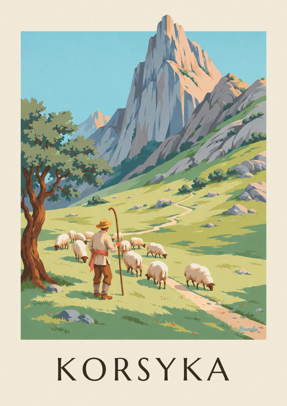 Plakat pasterz z owcami w korsykańskich górach