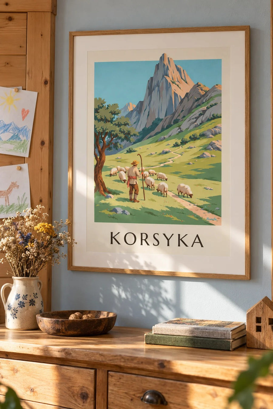 Plakat pasterz z owcami w korsykańskich górach: oprawiony na ścianie