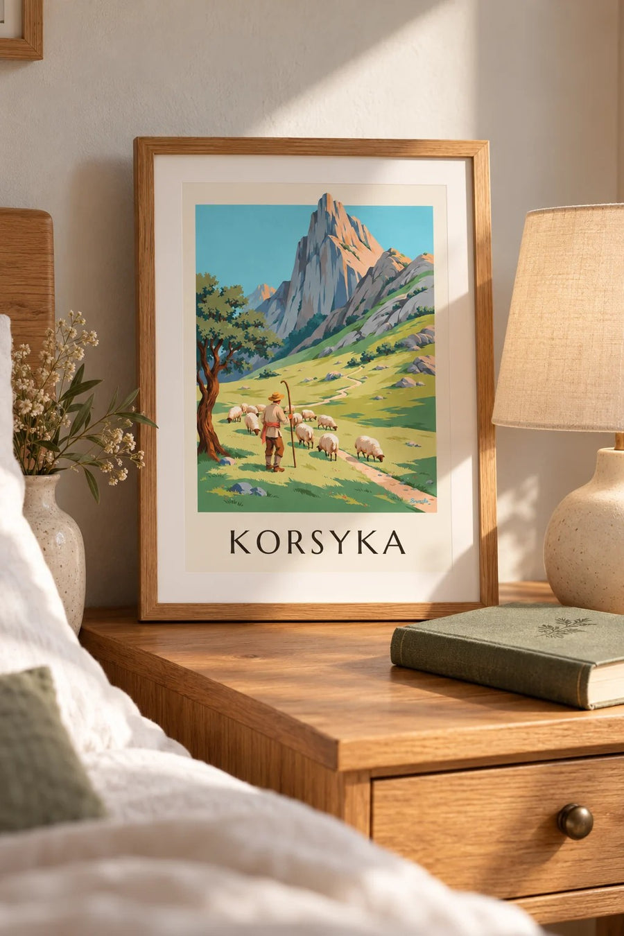 Plakat pasterz z owcami w korsykańskich górach: mały format A4 w ramie