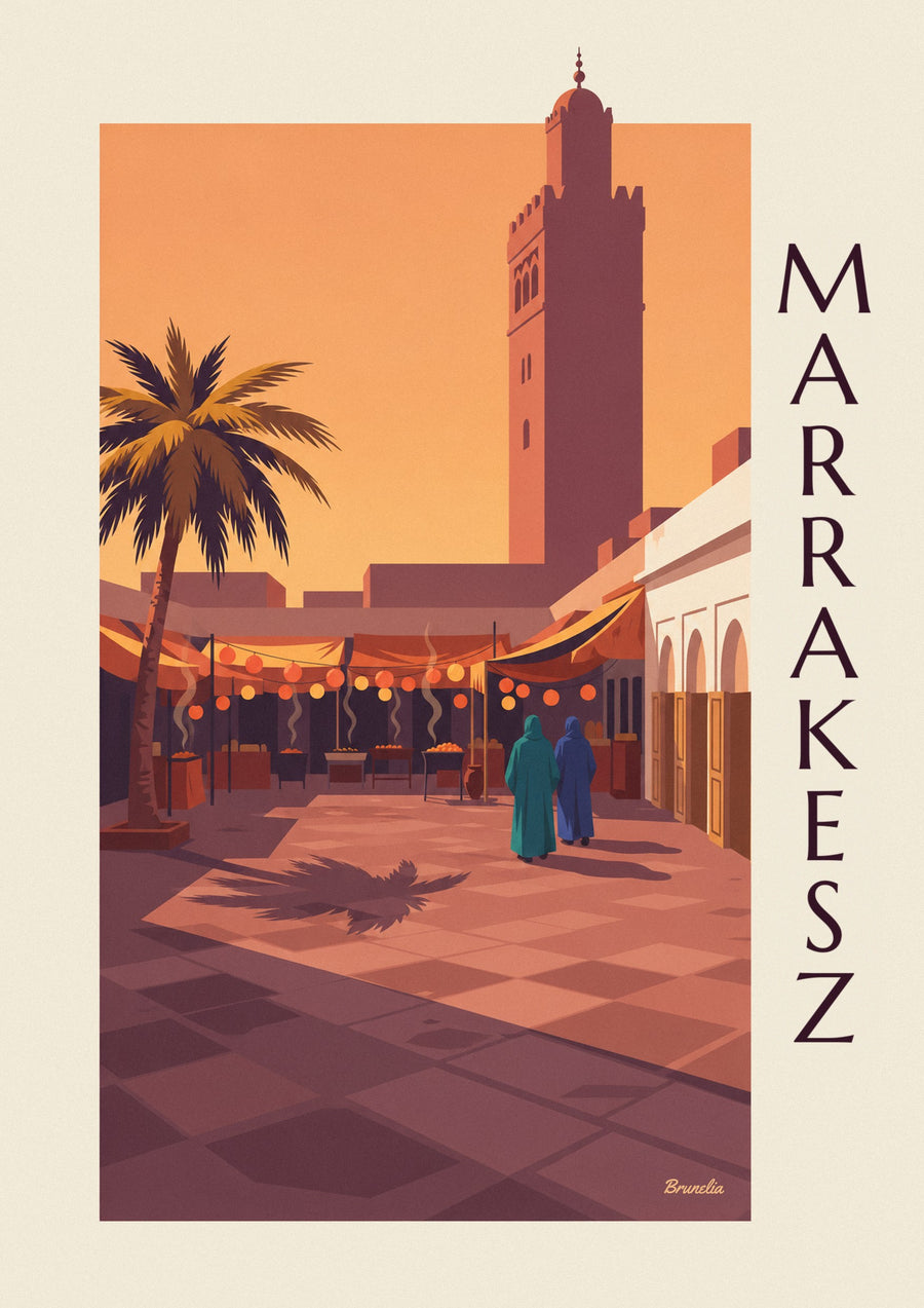 Plakat plac Jemaa el-Fna w Marrakeszu o zmierzchu
