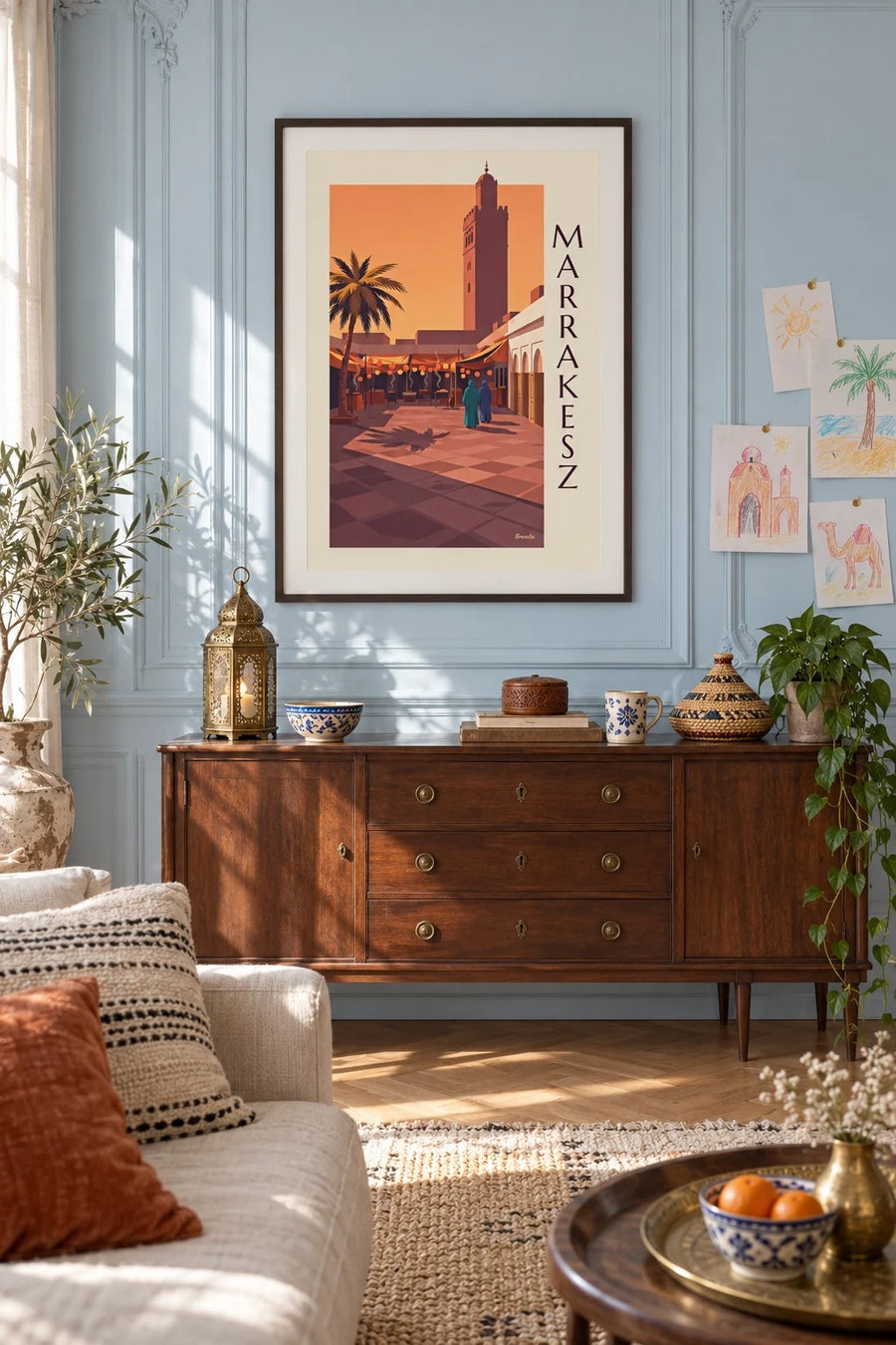 Plakat plac Jemaa el-Fna w Marrakeszu o zmierzchu: w ramie na ścianie
