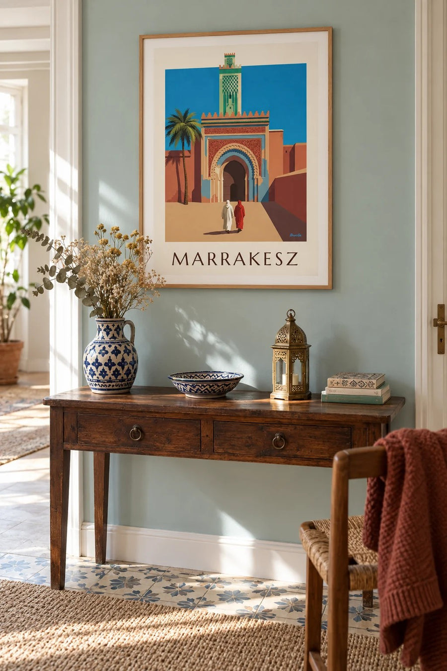 Plakat brama Bab Agnaou i minaret w Marrakeszu: w ramie na ścianie