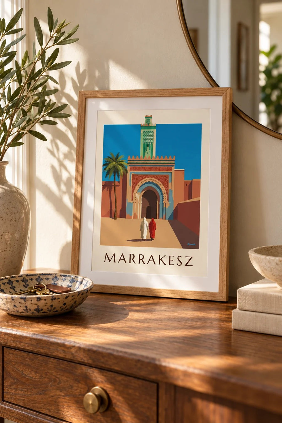 Plakat brama Bab Agnaou i minaret w Marrakeszu: mały format A4 w ramce