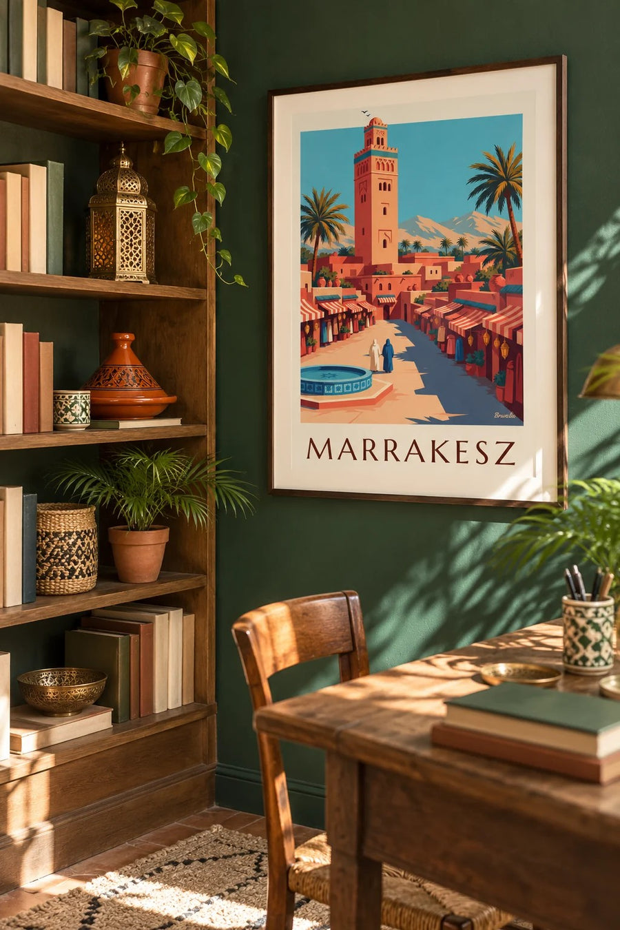Plakat medyna Marrakeszu i minaret Kutubijja: w ramie na ścianie