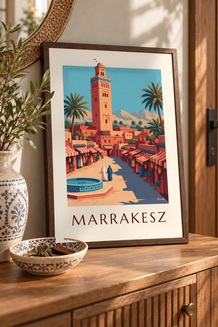 Plakat medyna Marrakeszu i minaret Kutubijja: mały format A4 w ramce