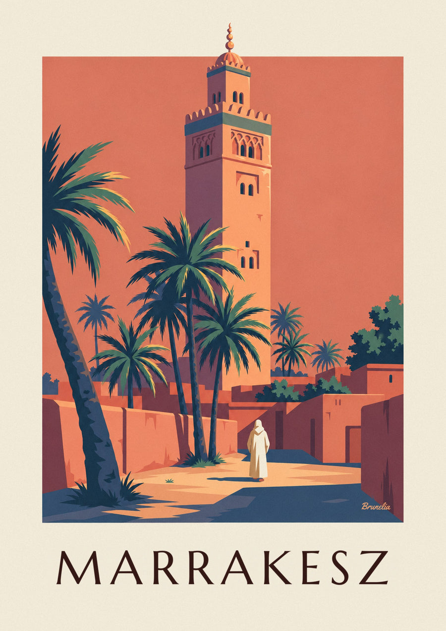 Plakat minaret Kutubijja oświetlony o zmierzchu w Marrakeszu