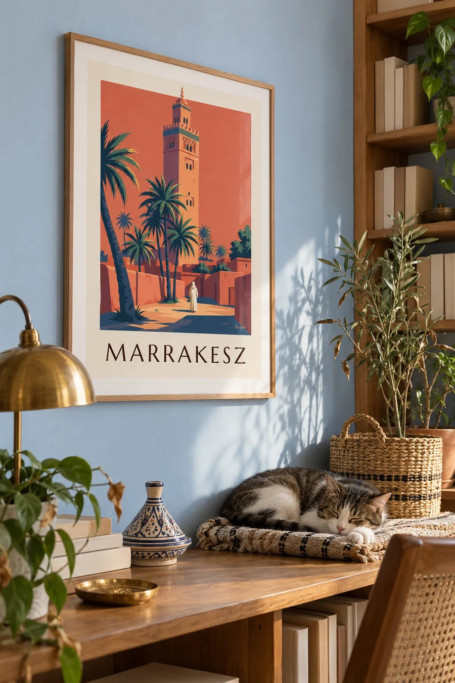 Plakat minaret Kutubijja oświetlony o zmierzchu w Marrakeszu: w ramie na ścianie