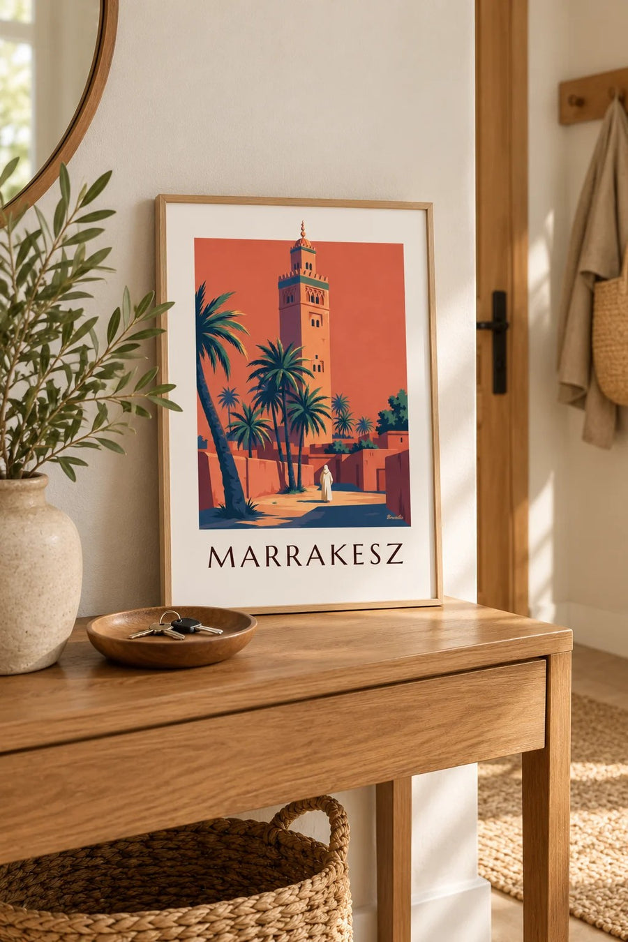Plakat minaret Kutubijja oświetlony o zmierzchu w Marrakeszu: mały format A4 w ramce