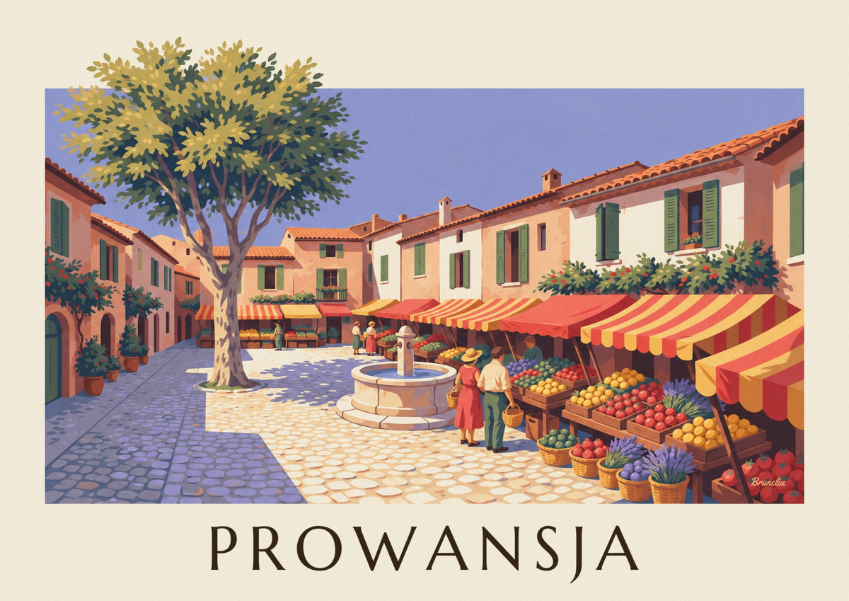Plakat prowansalski targ ze straganami z owocami i warzywami