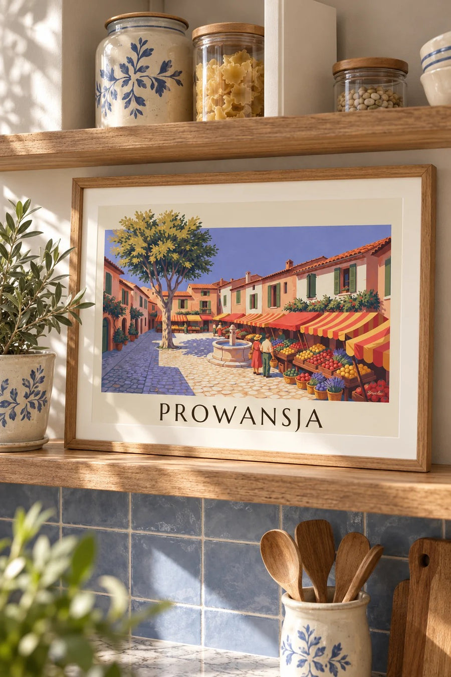 Plakat prowansalski targ ze straganami z owocami i warzywami: mały format A4 w ramie