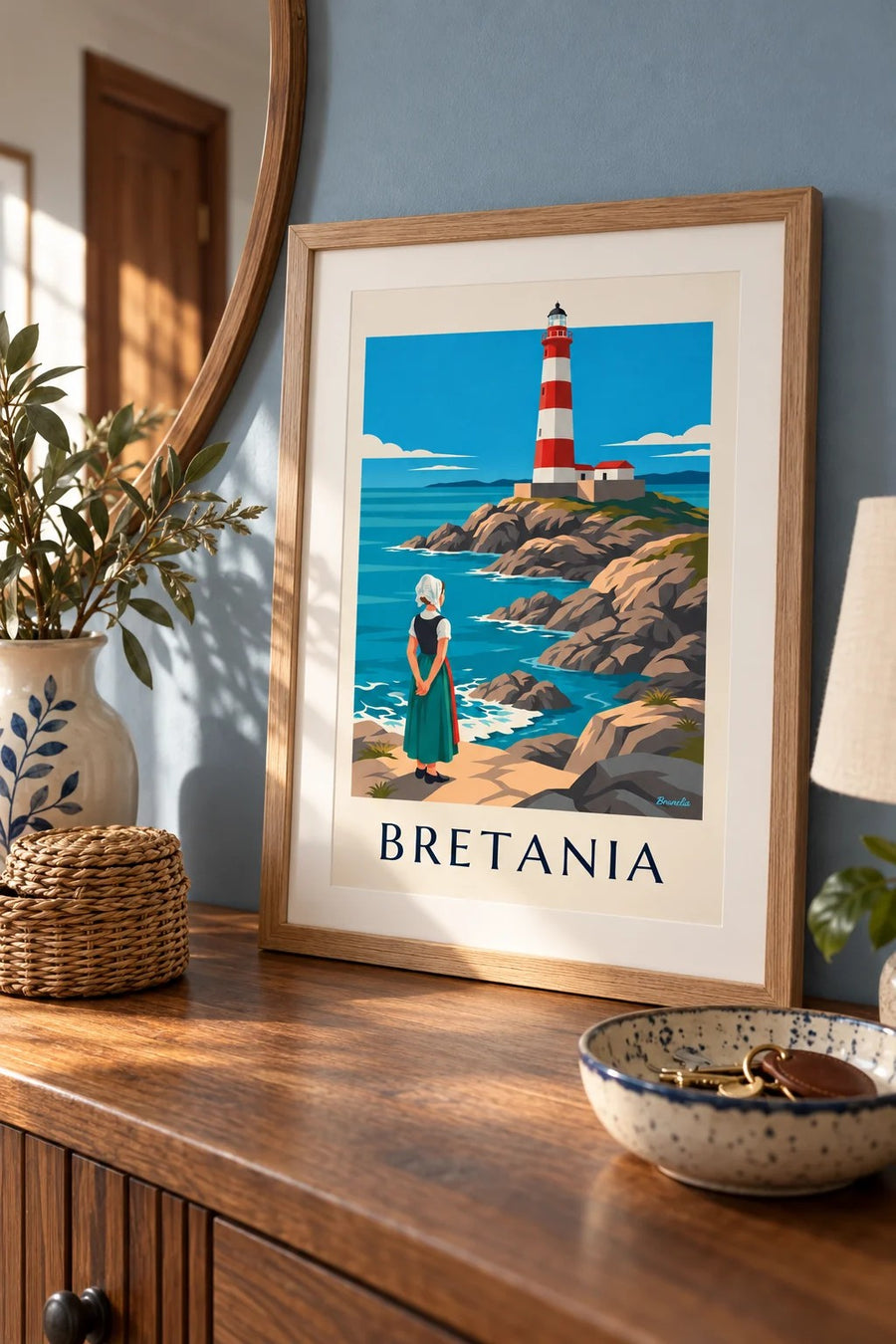 Plakat kobieta w bretońskim czepcu przed czerwono-białą latarnią: mały format A4 w ramce