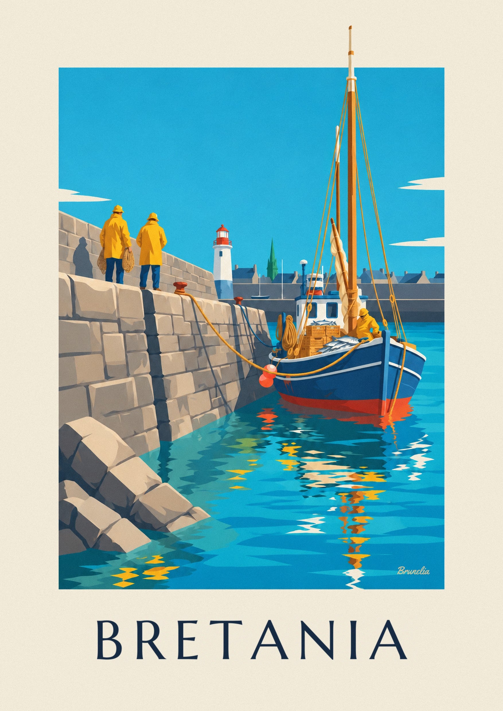 Plakat bretońska łódź rybacka wpływająca do granitowego portu: zbliżenie szczegółu