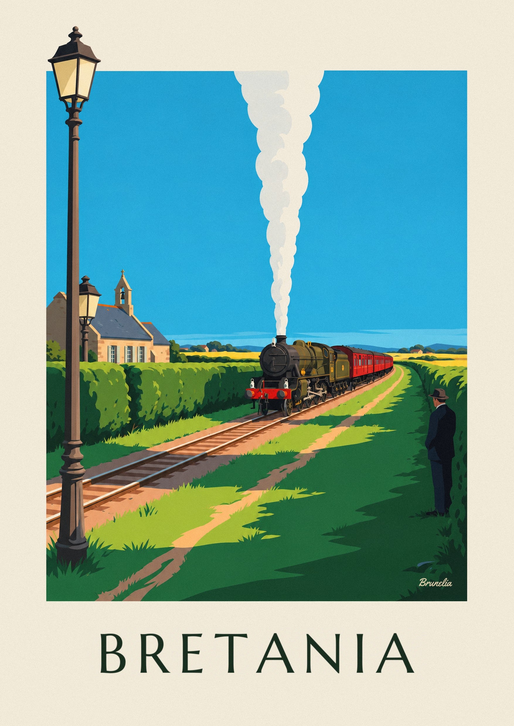 Plakat lokomotywa parowa na bretońskiej wsi: zbliżenie szczegółu