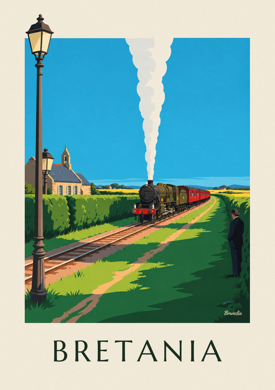 Plakat lokomotywa parowa na bretońskiej wsi