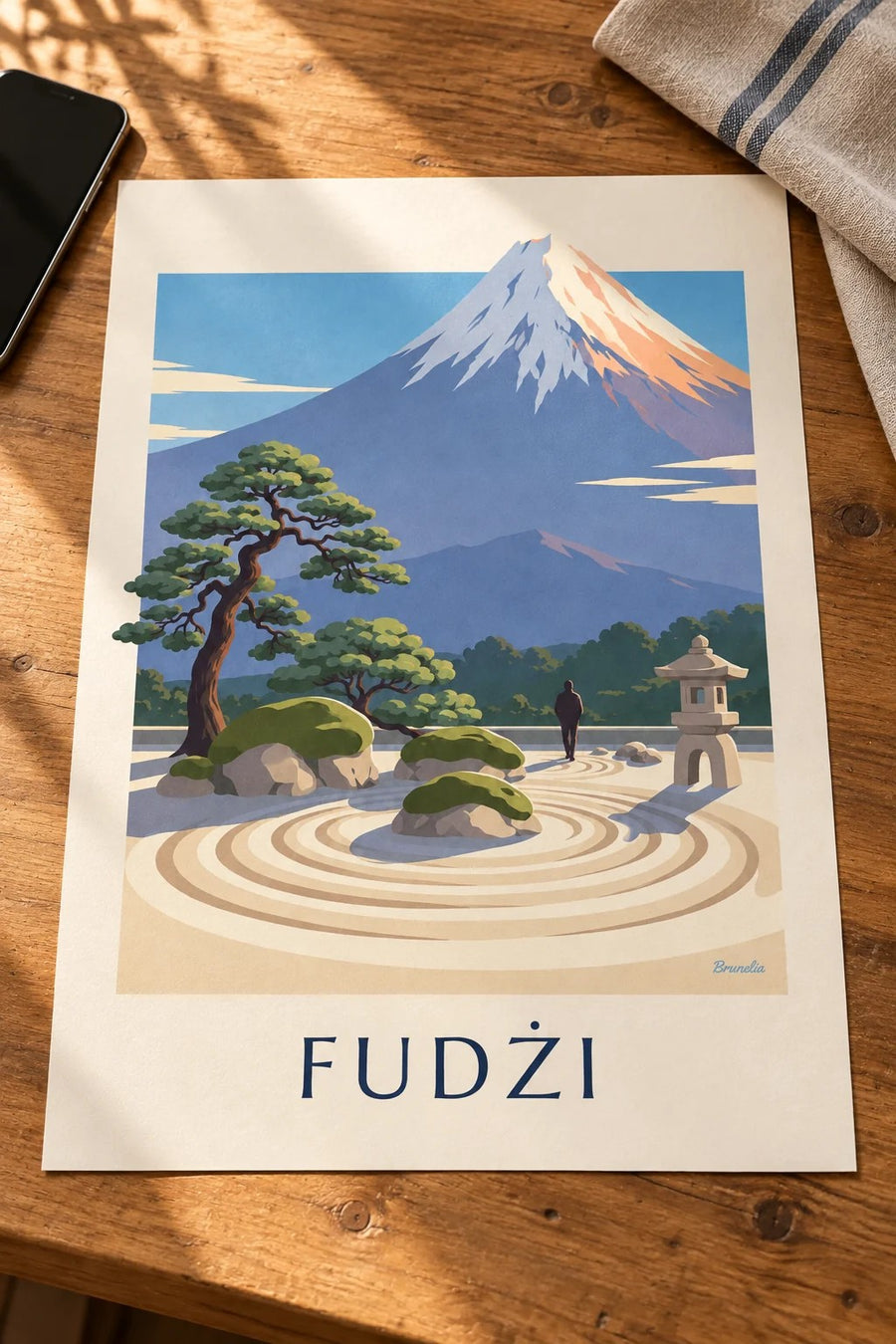 Plakat japoński ogród zen z widokiem na górę Fudżi: na stole
