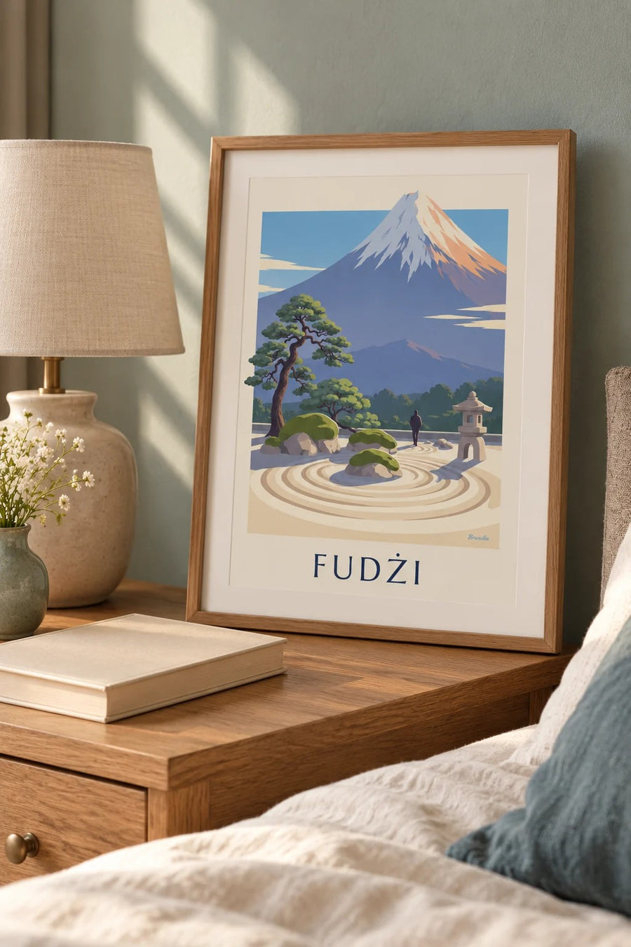Plakat japoński ogród zen z widokiem na górę Fudżi: mały format A4 w ramce