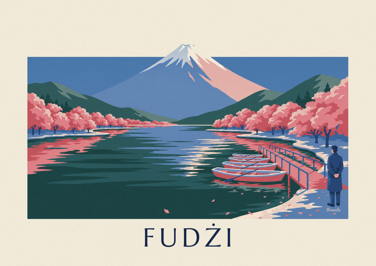 Plakat góra Fuji, kwitnące wiśnie i łódki przy pomoście