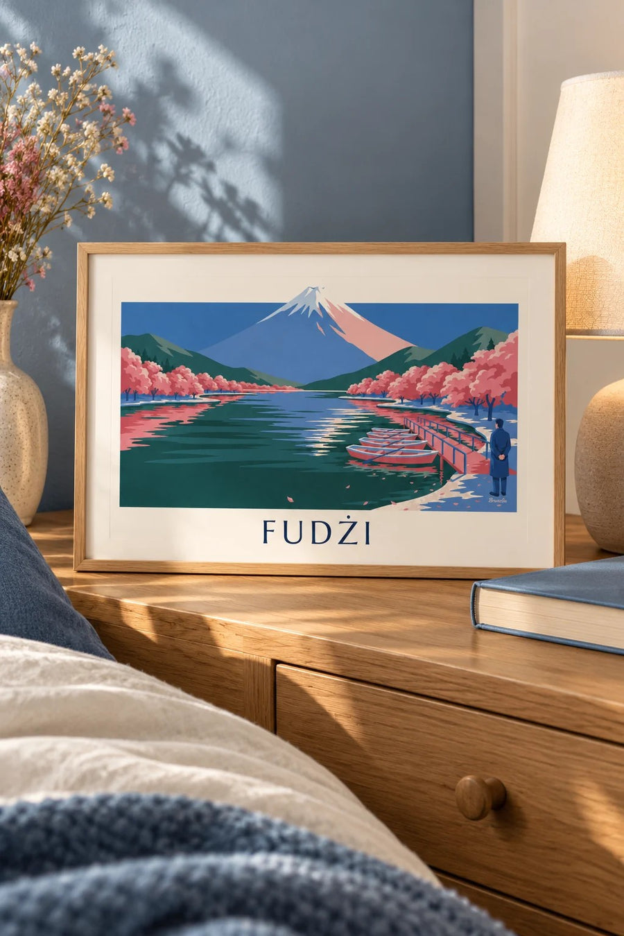 Plakat góra Fuji, kwitnące wiśnie i łódki przy pomoście: mały format A4, w ramie