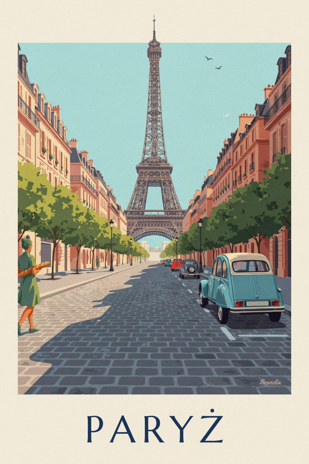 Plakat niebieski Citroën 2CV na brukowanej ulicy z widokiem na wieżę Eiffla