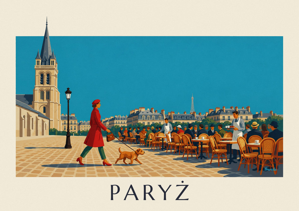 Plakat kobieta z psem na placu Saint-Germain-des-Prés w Paryżu