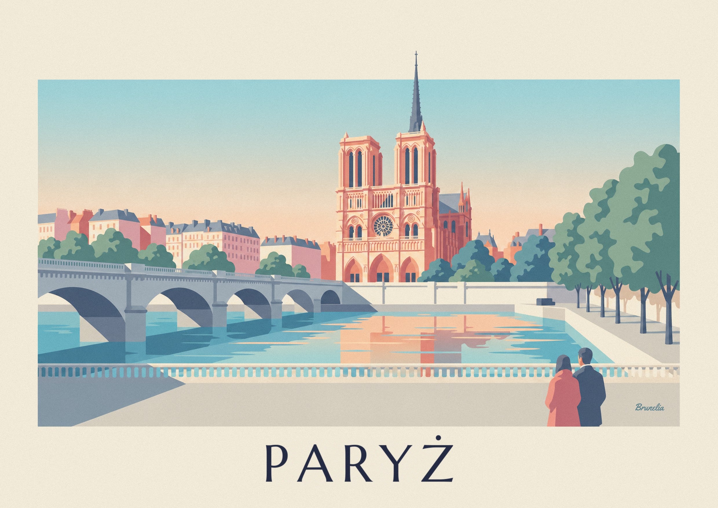 Plakat z katedrą Notre-Dame w Paryżu znad bulwarów Sekwany: zbliżenie szczegółu