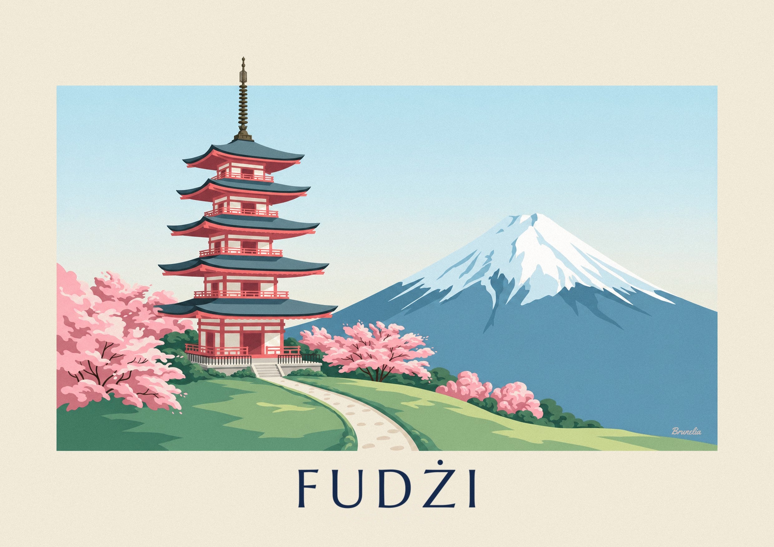 Plakat pagoda Chureito, góra Fuji i kwitnące wiśnie: zbliżenie szczegółu