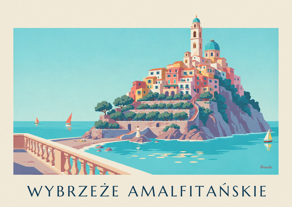 Plakat Wybrzeże Amalfitańskie, kolorowe domy i turkusowa zatoka