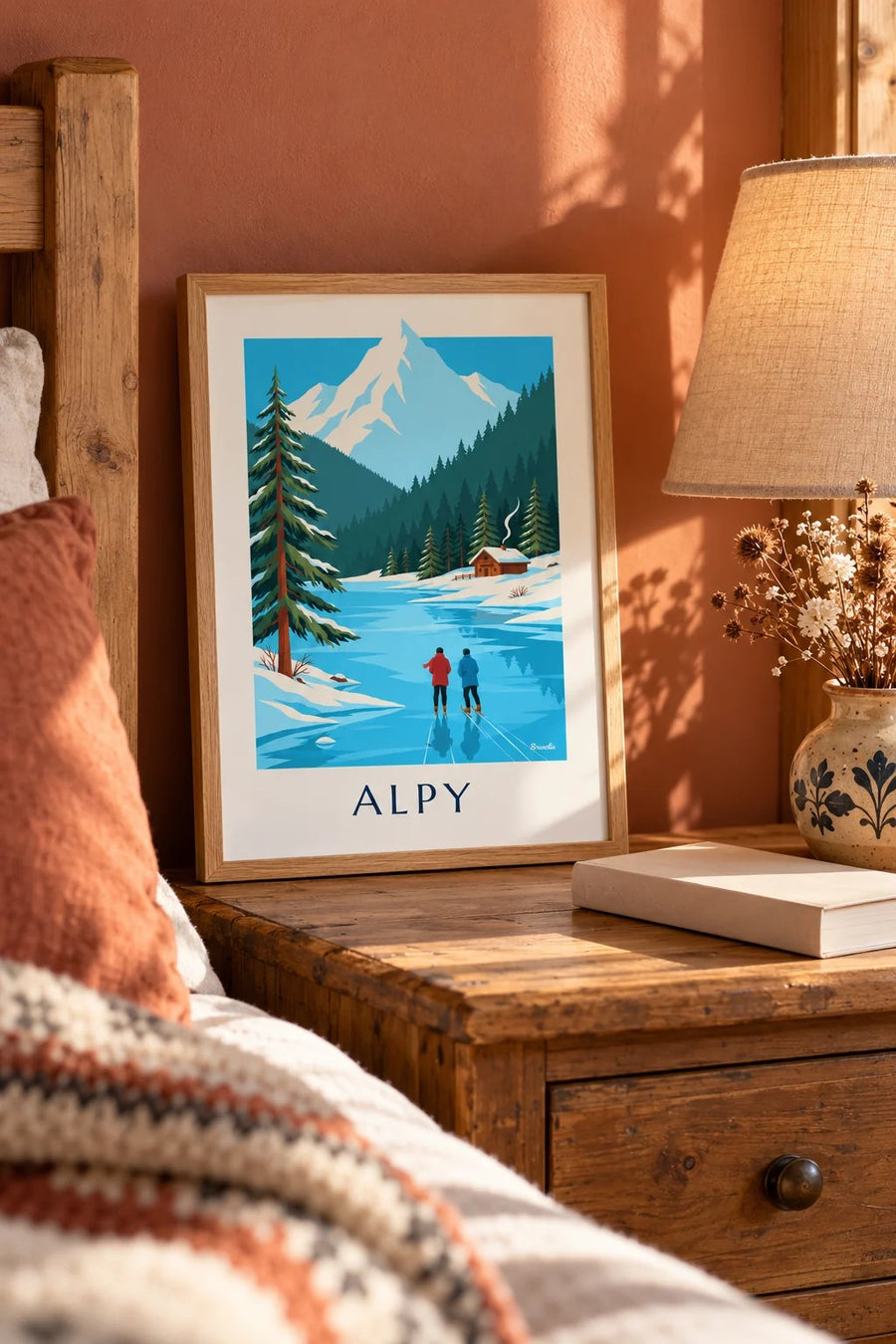 Plakat łyżwiarze na zamarzniętym jeziorze u stóp ośnieżonych Alp: mały format A4 w ramce