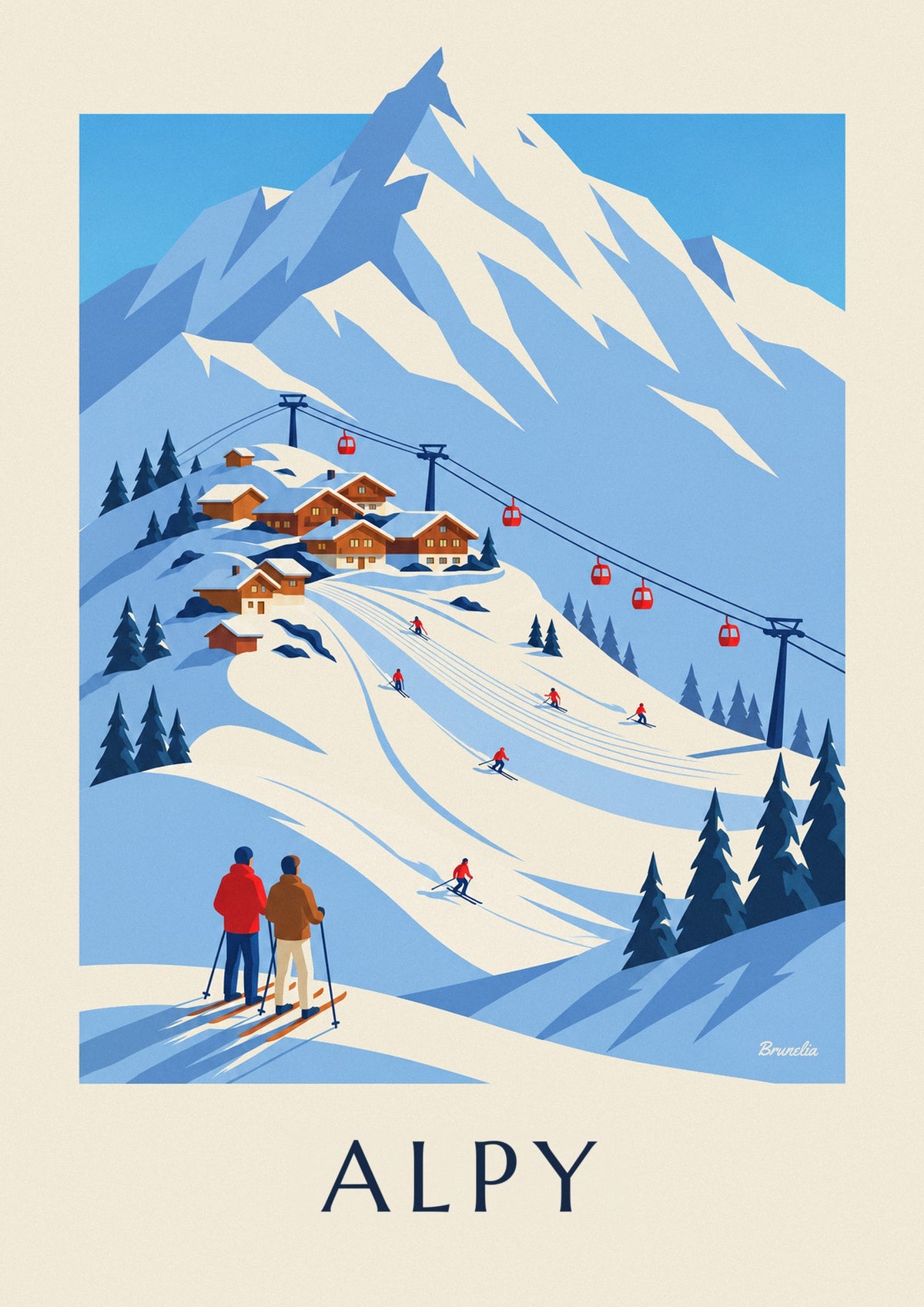 Plakat ośrodek narciarski w Alpach Francuskich i kolejka gondolowa