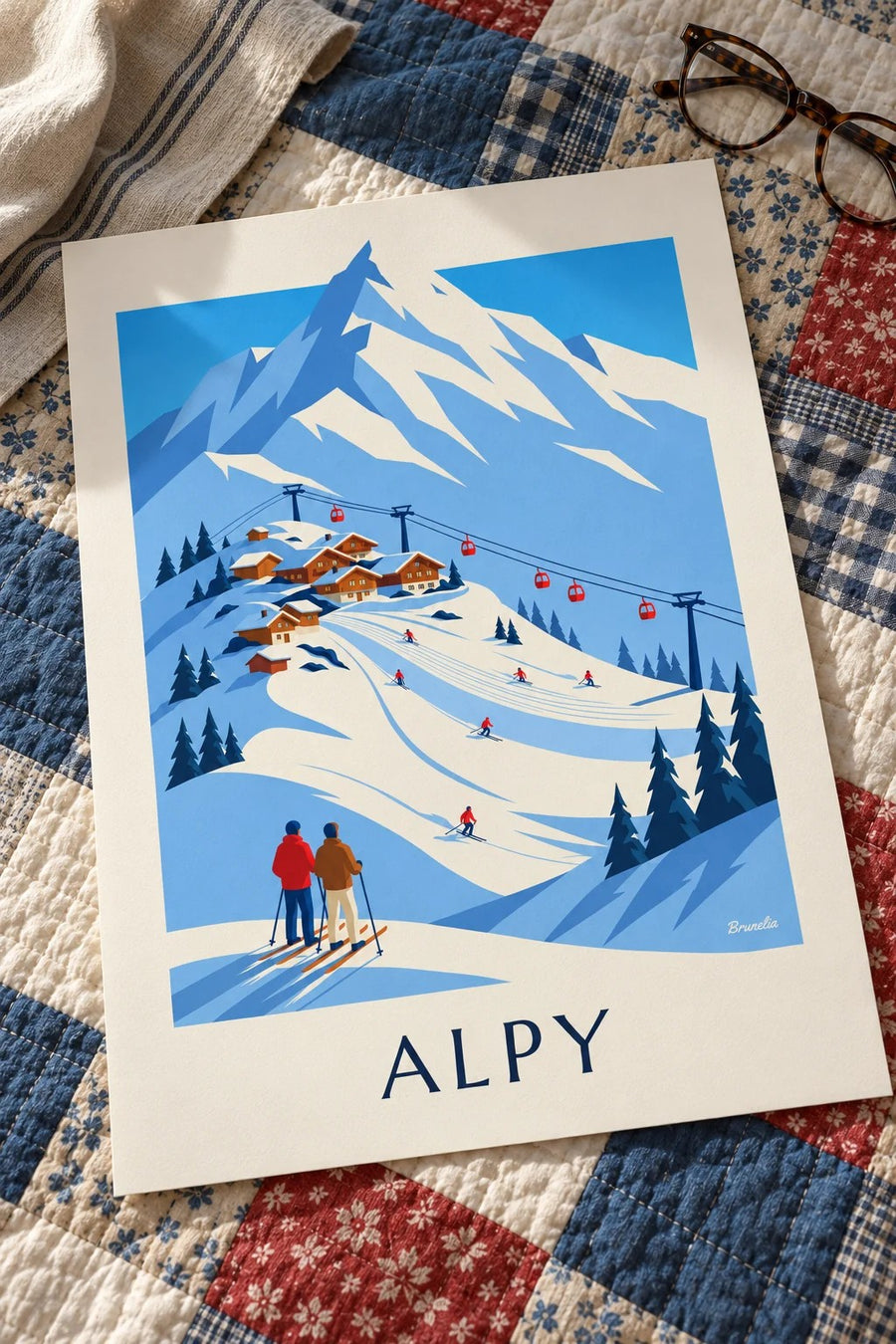 Plakat ośrodek narciarski w Alpach Francuskich i kolejka gondolowa: na stole