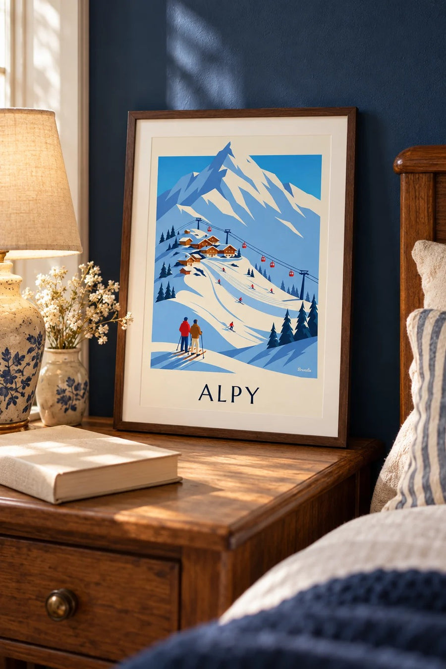 Plakat ośrodek narciarski w Alpach Francuskich i kolejka gondolowa: mały format A4 w ramie