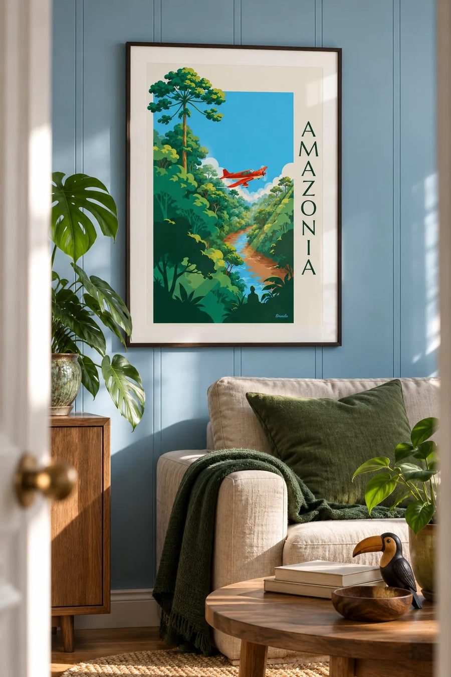 Plakat samolot śmigłowy nad lasem amazońskim: w ramie na ścianie