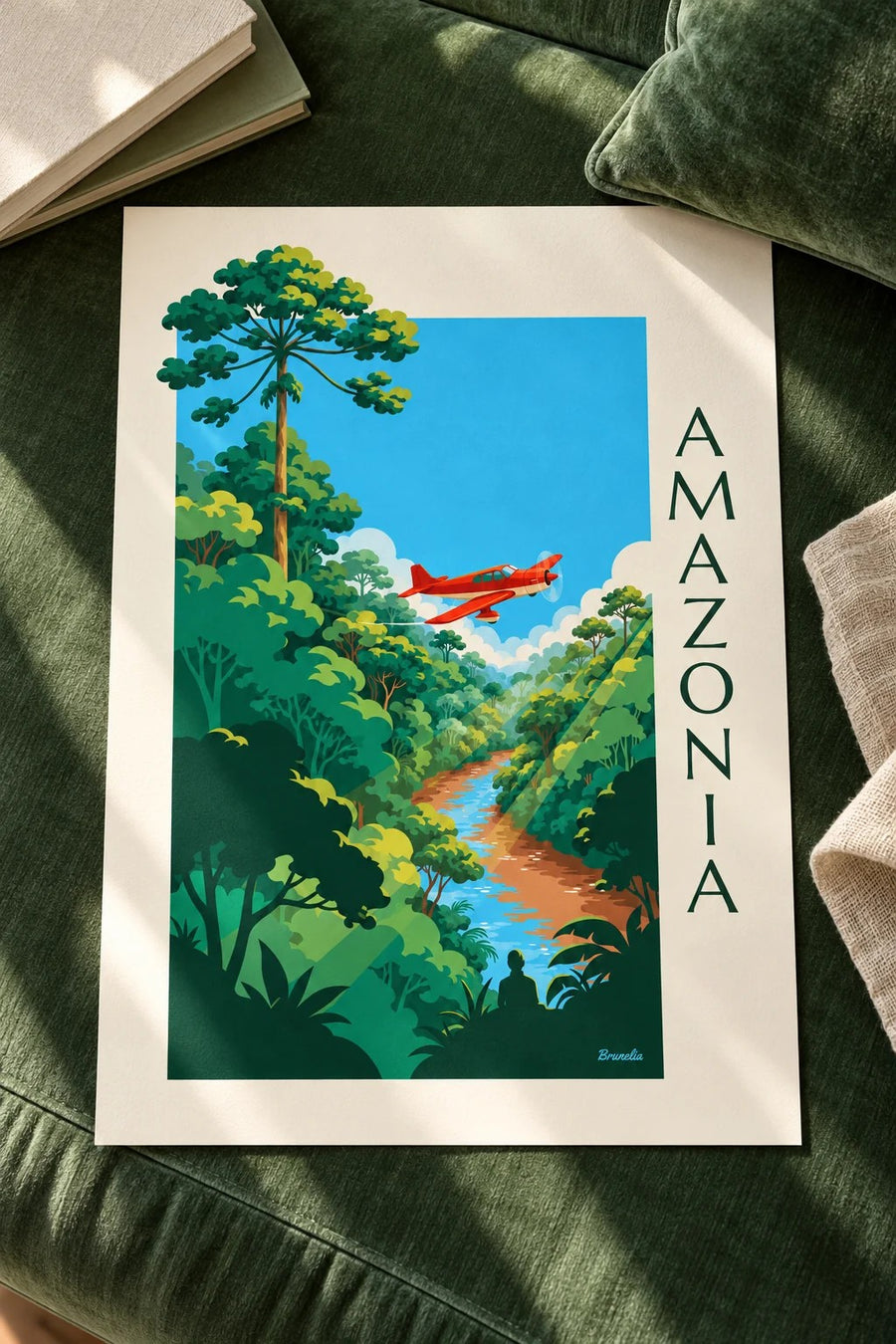 Plakat samolot śmigłowy nad lasem amazońskim: plakat na stole