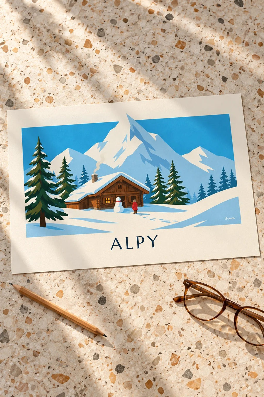 Plakat zaśnieżona górska chata i bałwan w Alpach: oparty na stole