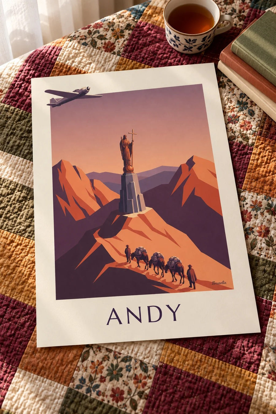 Plakat samolot pocztowy i karawana mułów w Andach: leżący na stole
