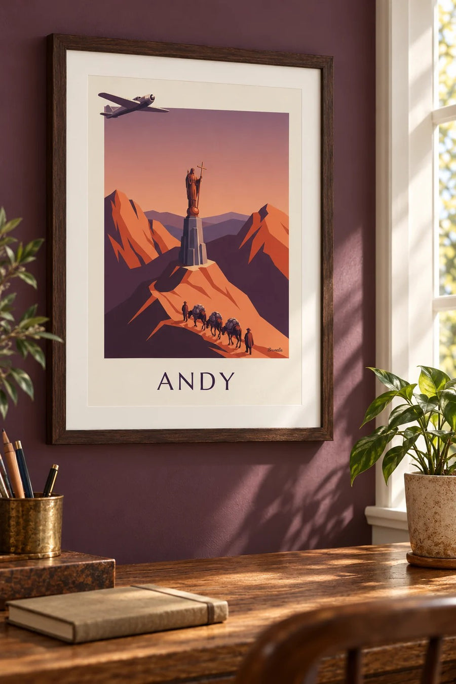 Plakat samolot pocztowy i karawana mułów w Andach: mały format A4 w ramce