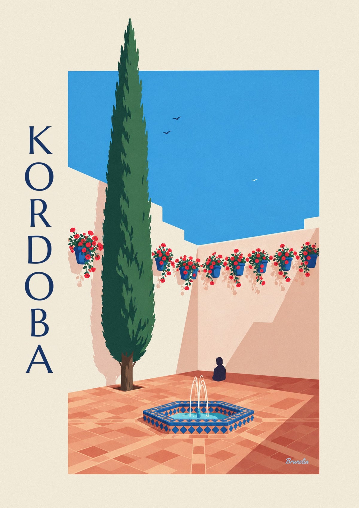 Plakat kwiecisty dziedziniec z geranium i fontanną w Kordobie