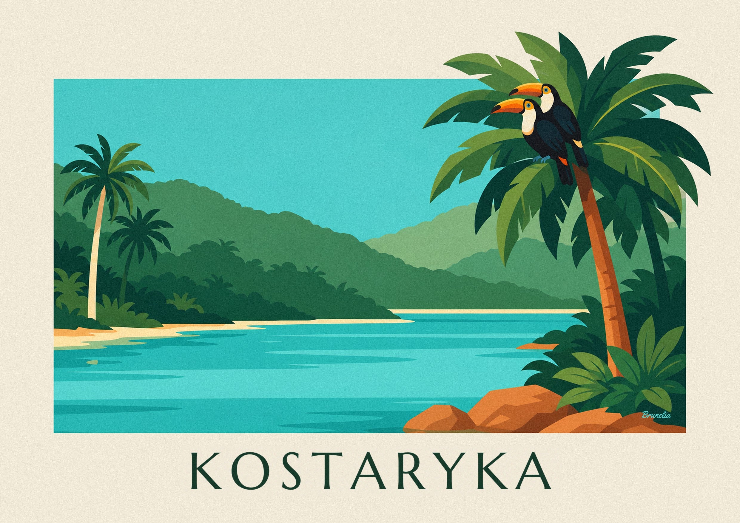 Plakat 2 tukany i tropikalna laguna w Kostaryce: zbliżenie szczegółu