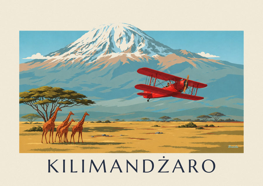 Plakat dwupłatowiec nad sawanną i Kilimandżaro