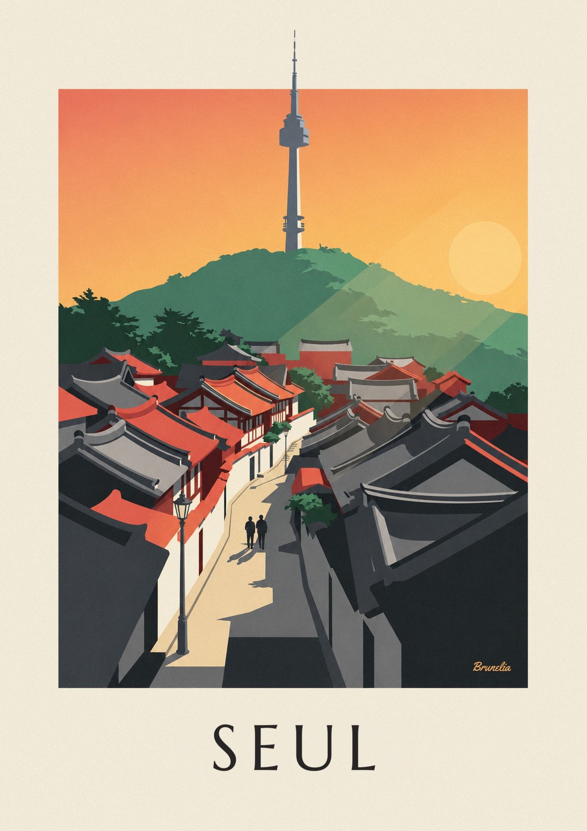 Plakat tradycyjne dachy dzielnicy Bukchon w Seulu