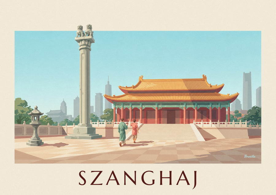 Plakat świątynia Jing'an ze złotymi pawilonami w Szanghaju