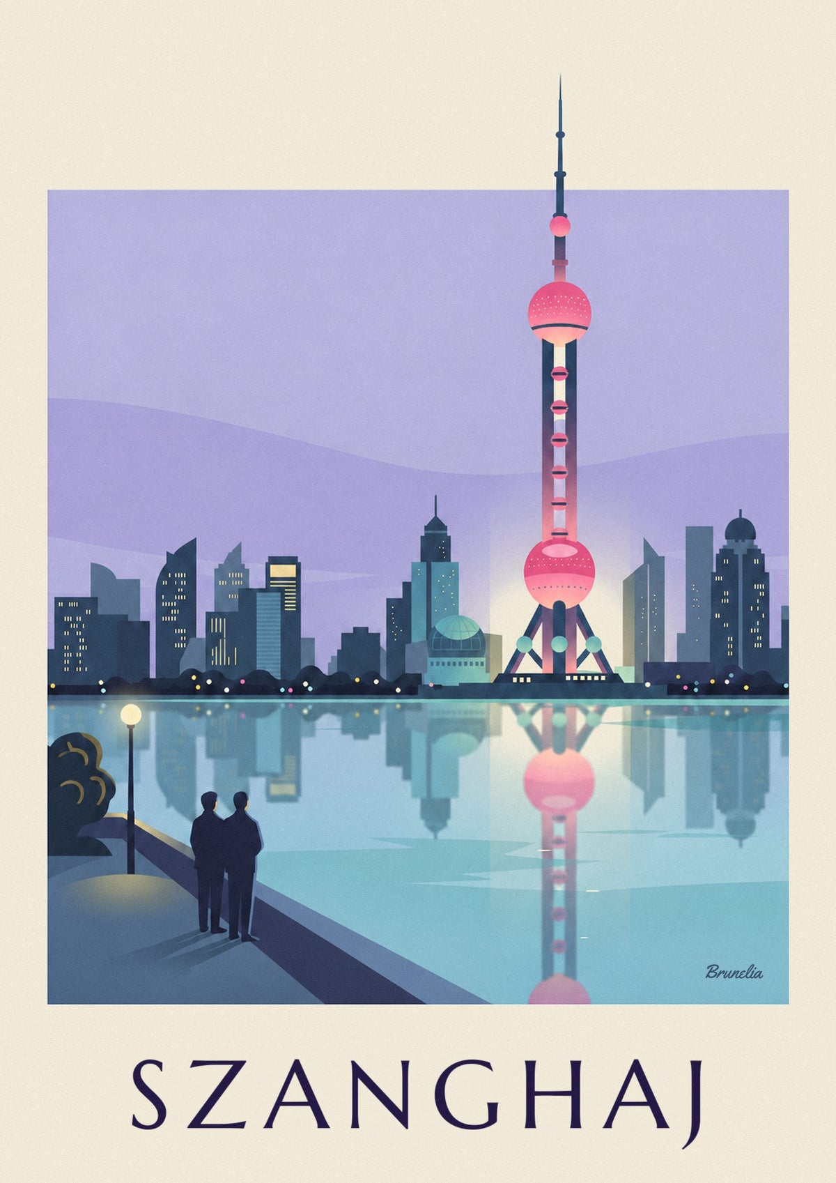 Plakat wieża Oriental Pearl w Szanghaju nocą