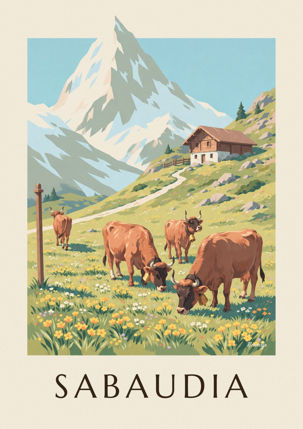 Plakat krowy rasy tarentaise na alpejskich halach w Sabaudii