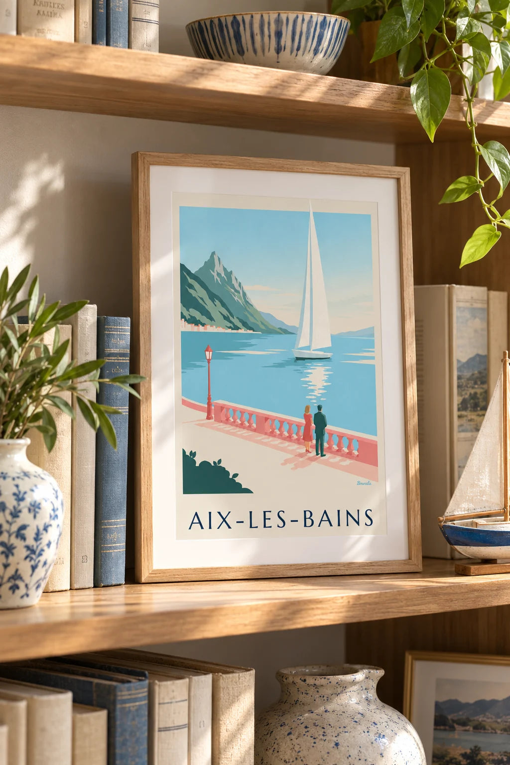 Biuro: aranżacja z plakatem Plakat żaglówka na jeziorze Bourget w Aix-les-Bains