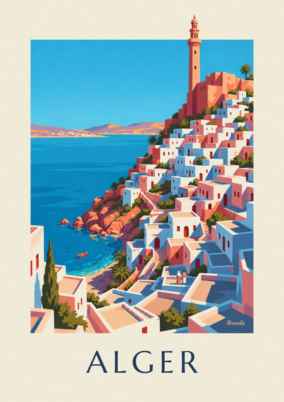 Affiche Casbah blanche d'Alger descendant vers la Méditerranée : l'affiche entière