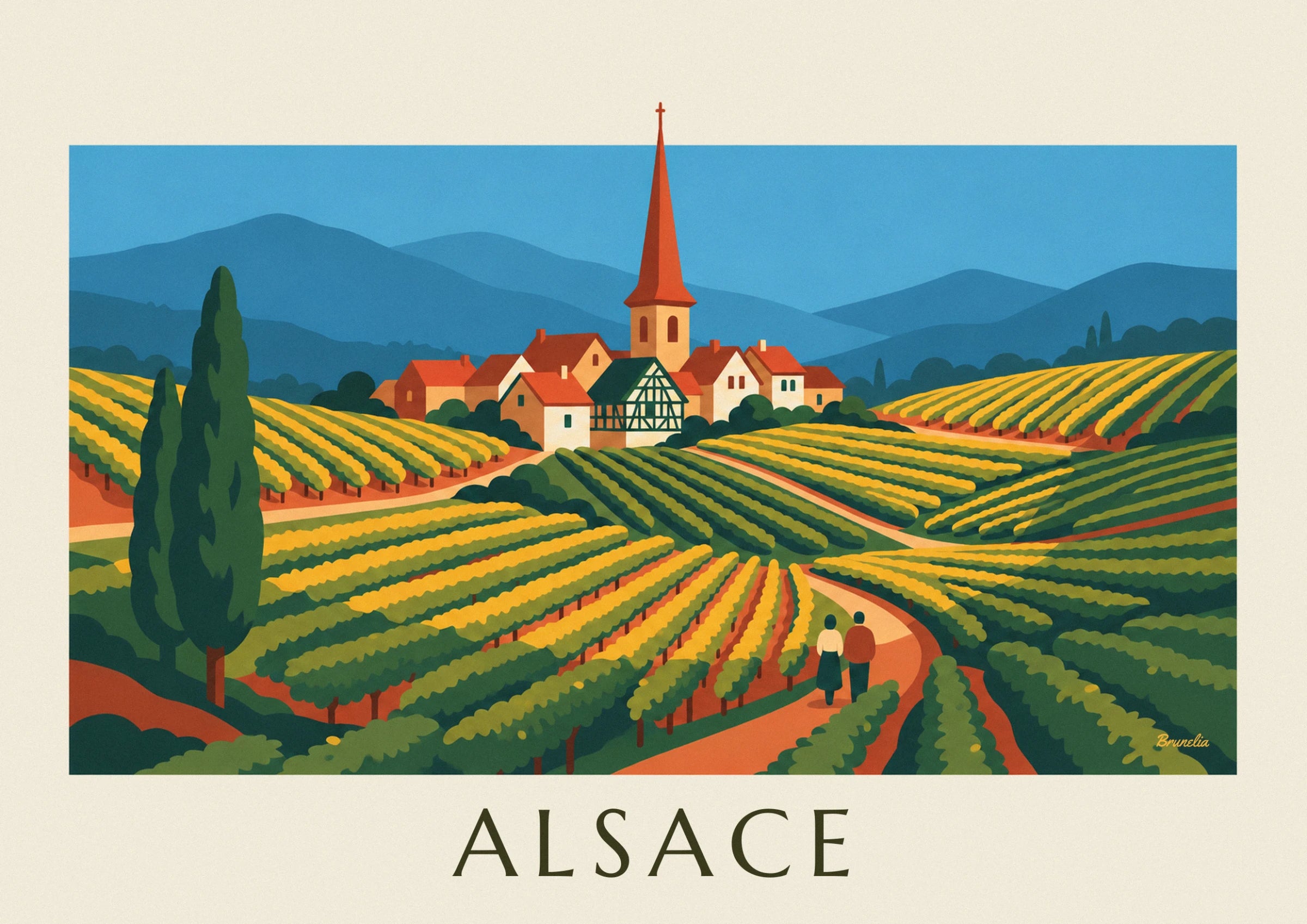 The red-spired church tower and half-timbered houses of an Alsatian village above the vineyards