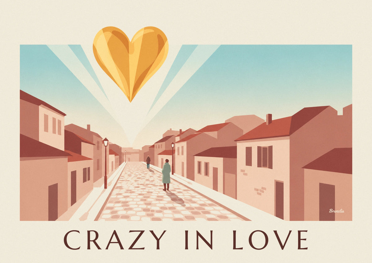 Affiche cœur doré Crazy in Love sur fond rose poudré