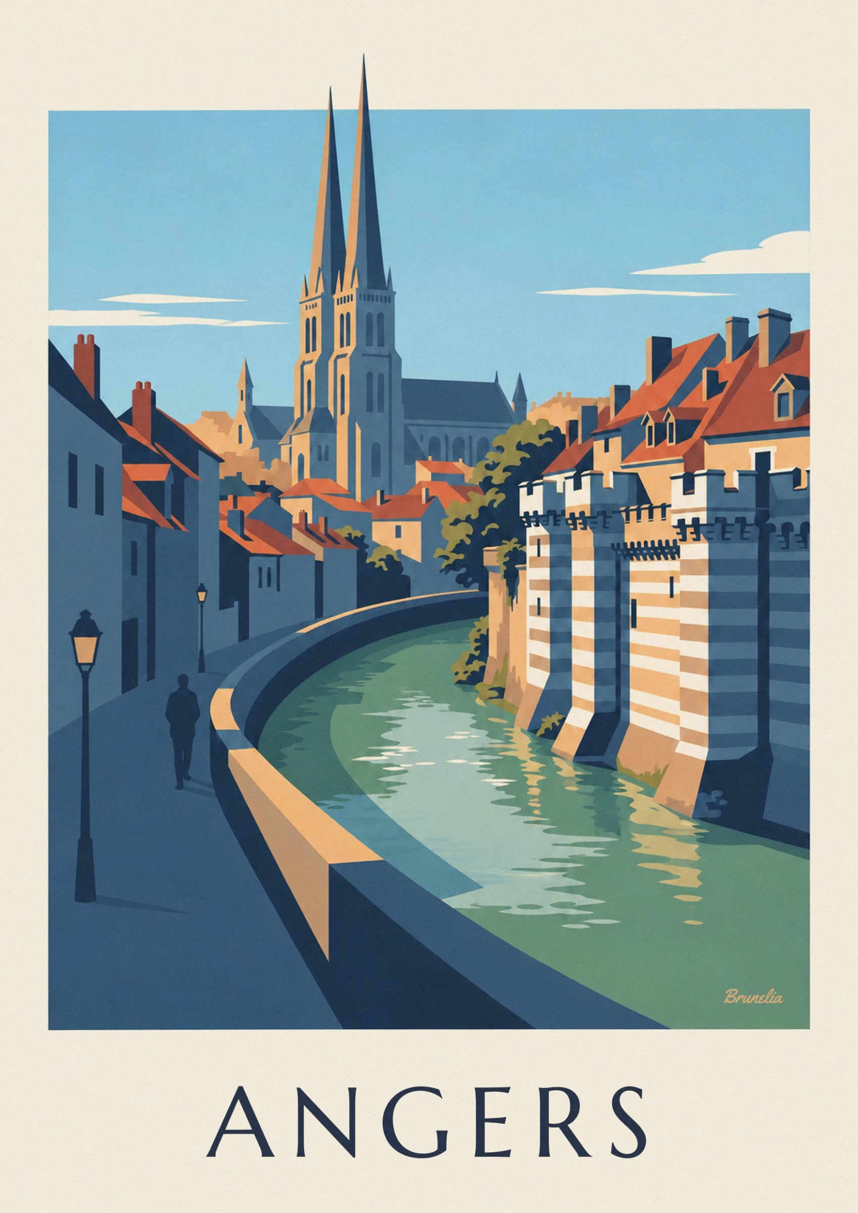 The cathedral's 2 tall spires above the orange roofs against the blue sky